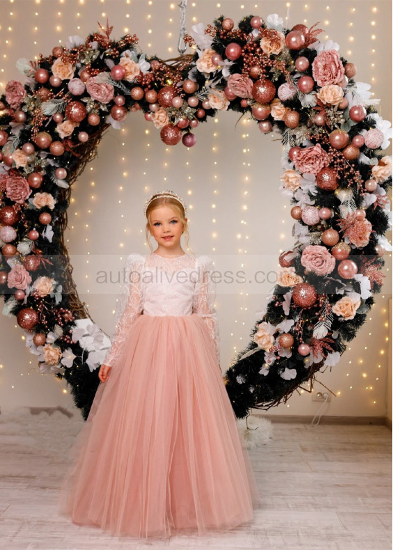 Dusty Rose Glitter Lace Tulle Buttons Back Flower Girl Dress